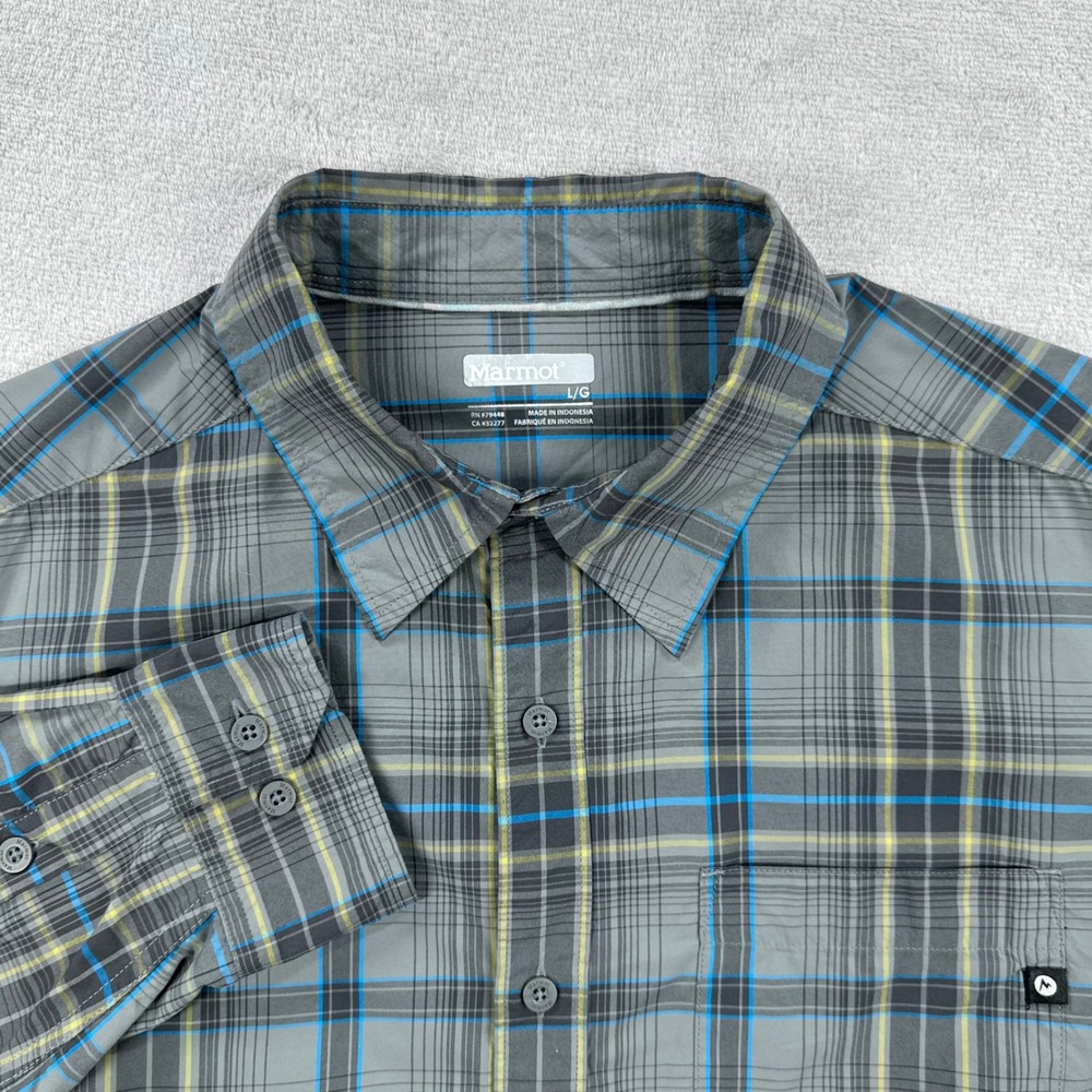 Marmot Button Up Shirt Mens Large Grey Blue Plaid Long Sleeve Nylon Outdoor Hike
